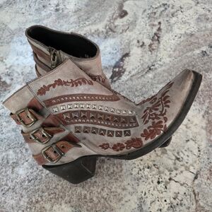 Old Gringo Taupe and Brown Studded Floral Western Ankle Boots